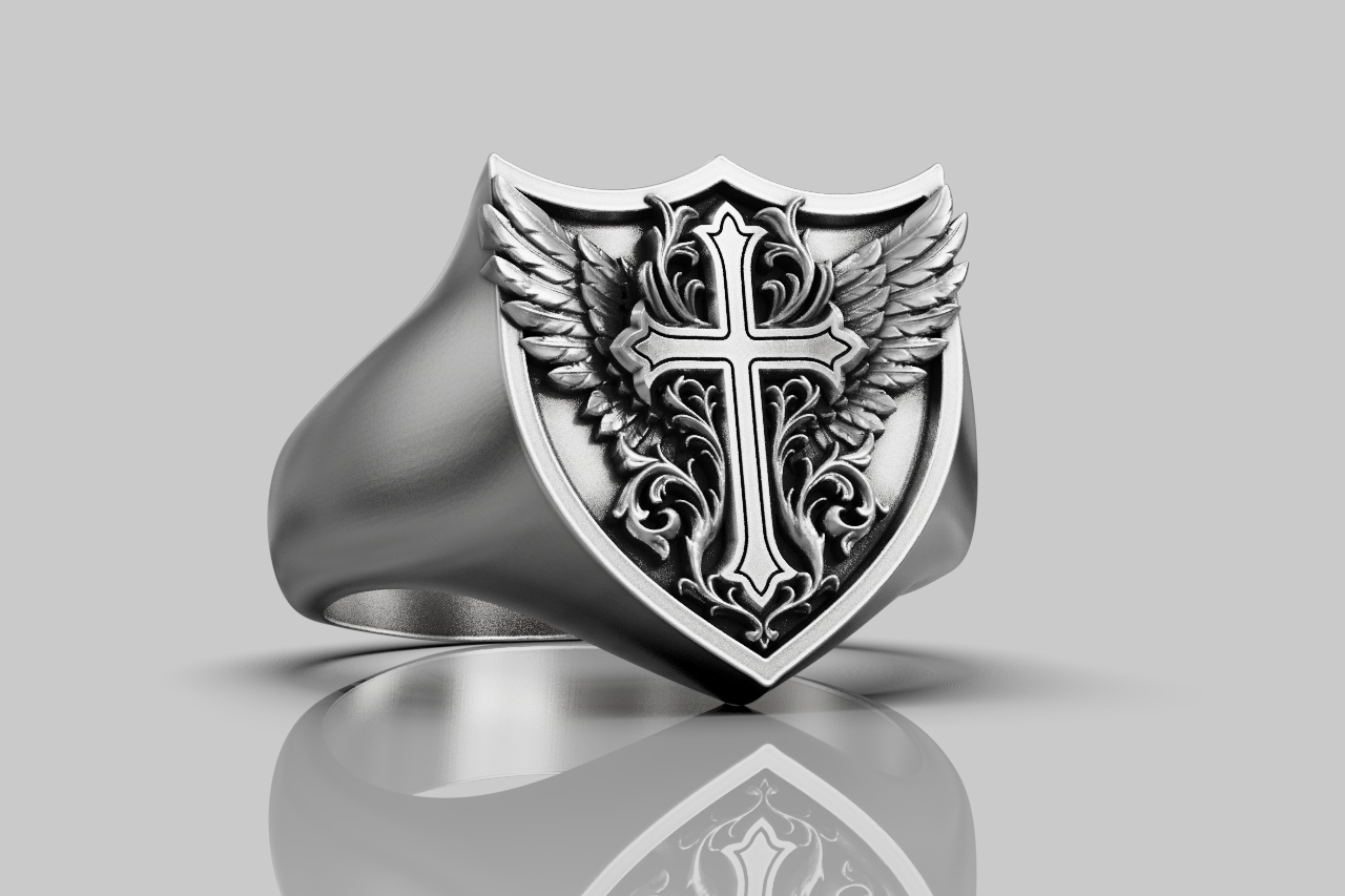 Gothic Winged Cross Shield Signet Ring — view 7