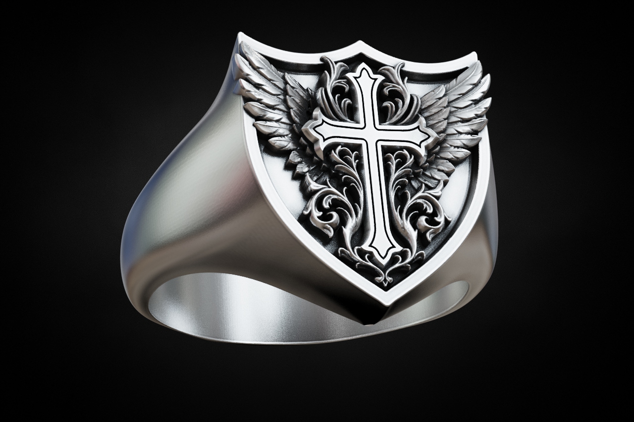 Gothic Winged Cross Shield Signet Ring
