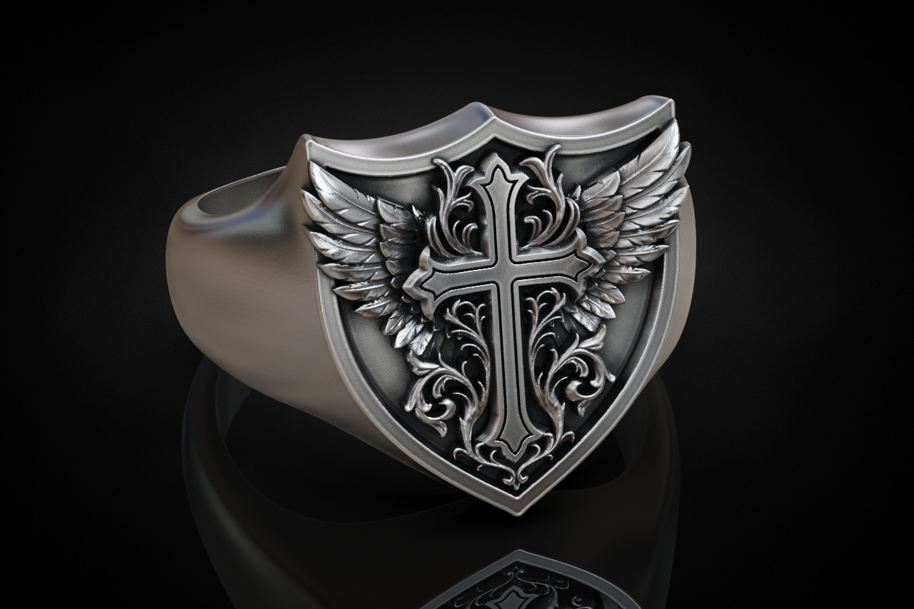Gothic Winged Cross Shield Signet Ring — view 2