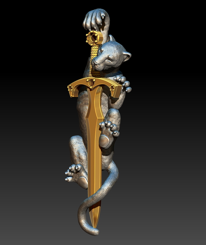 Silver Panther & Golden Sword Pendant | Jewelry 3D Model STL — view 8