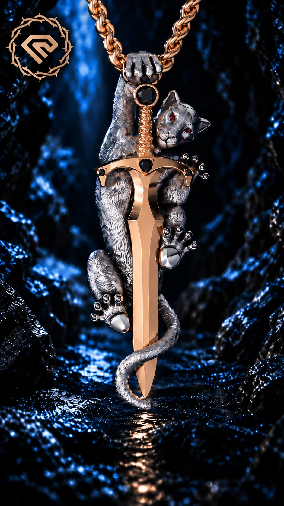 Silver Panther & Golden Sword Pendant | Jewelry 3D Model STL