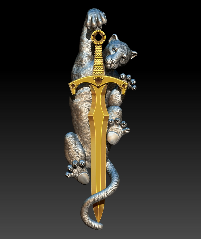 Silver Panther & Golden Sword Pendant | Jewelry 3D Model STL — view 7