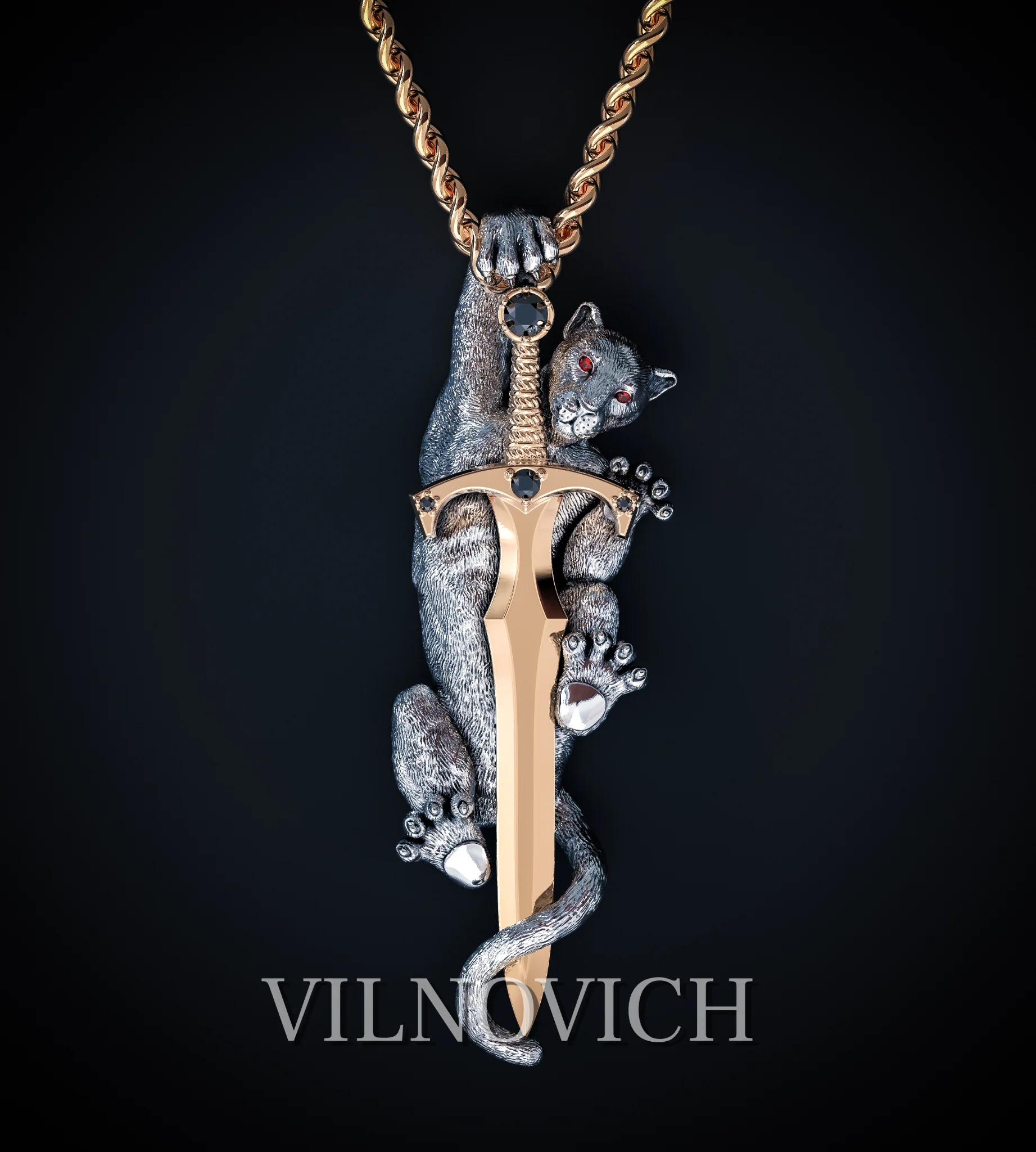 Silver Panther & Golden Sword Pendant | Jewelry 3D Model STL — view 2
