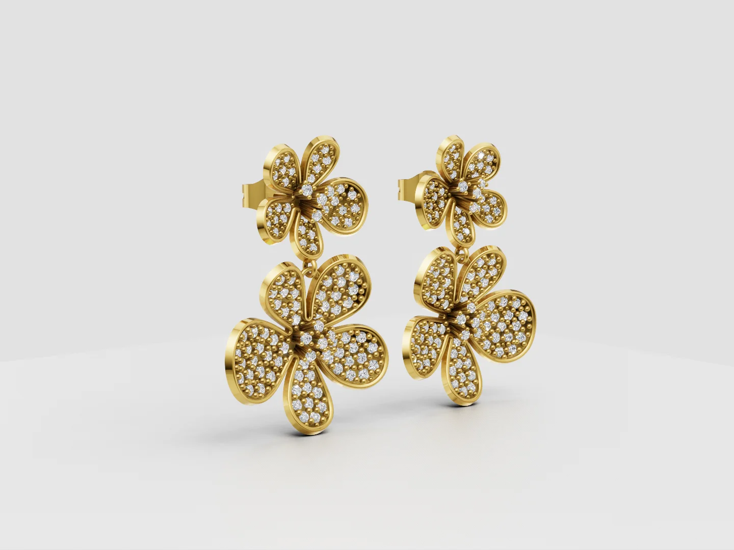 Double Floral Pavé Drop Earrings 3D Model — view 2