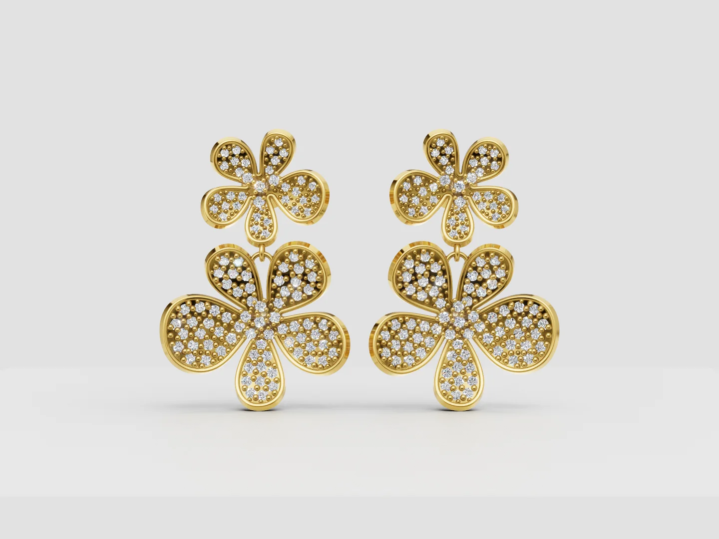 Double Floral Pavé Drop Earrings 3D Model