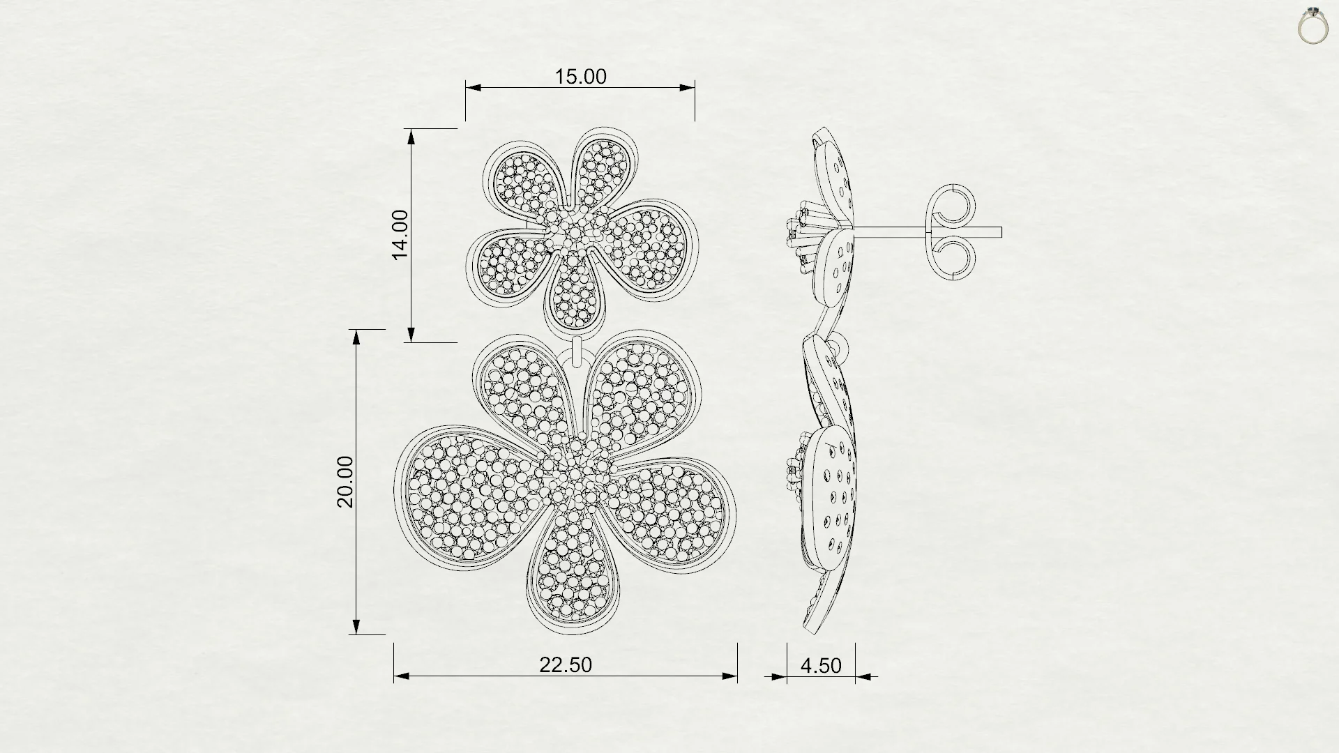 Double Floral Pavé Drop Earrings 3D Model — view 7