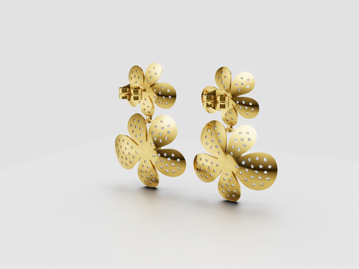 Double Floral Pavé Drop Earrings 3D Model — view 4