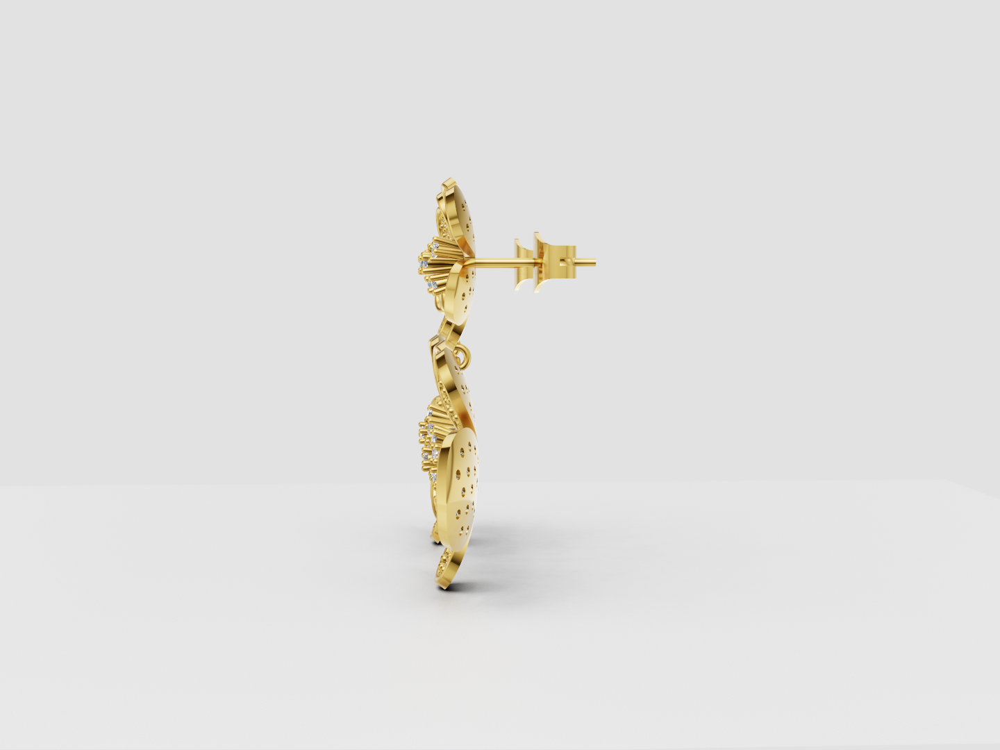 Double Floral Pavé Drop Earrings 3D Model — view 3