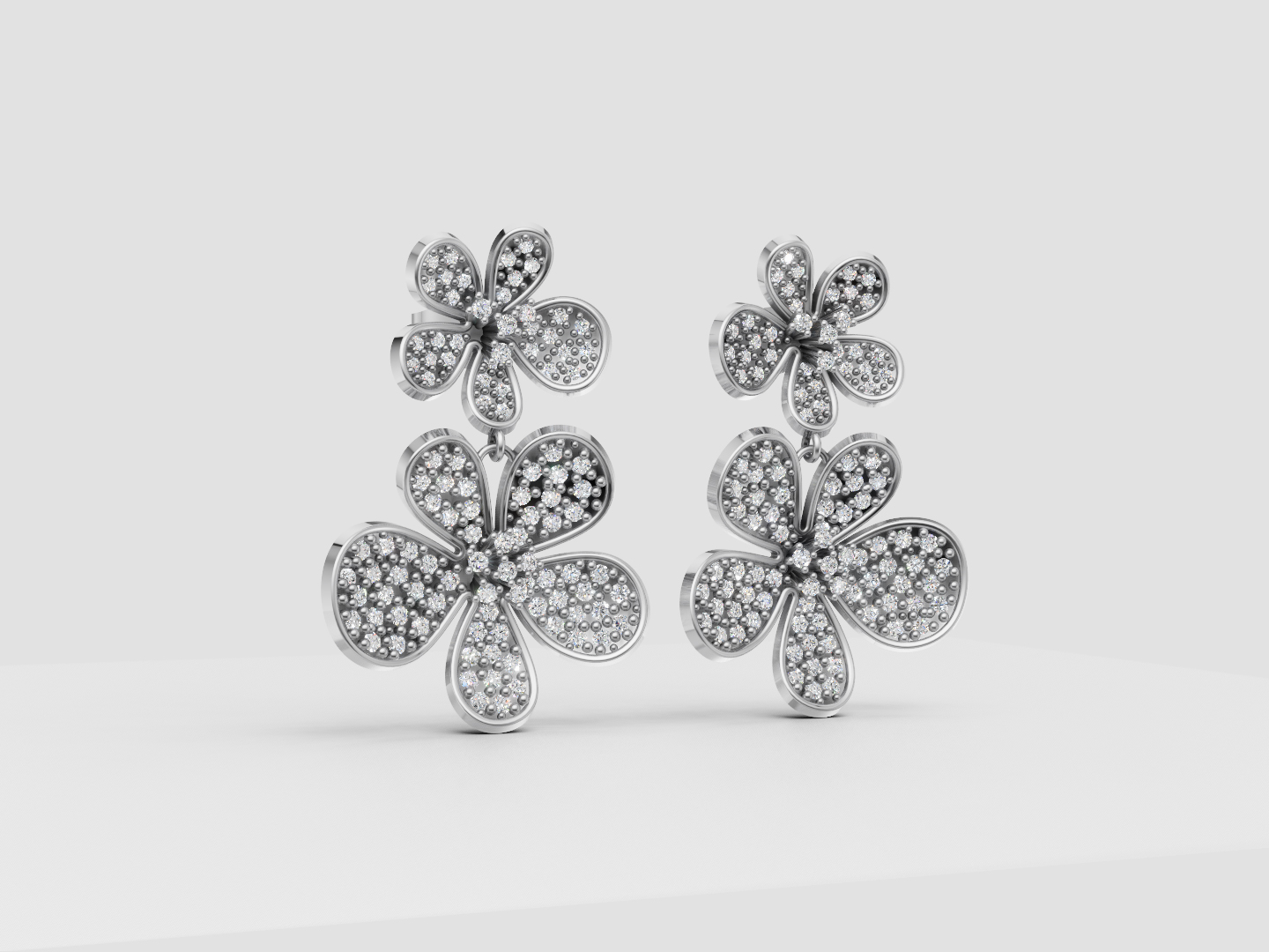 Double Floral Pavé Drop Earrings 3D Model — view 5