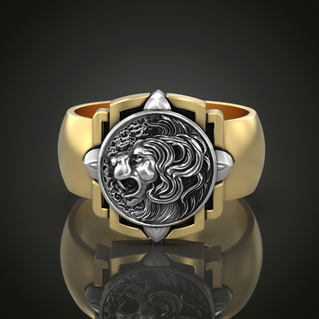 Lion Head Medallion Signet Ring with Geometric Frame