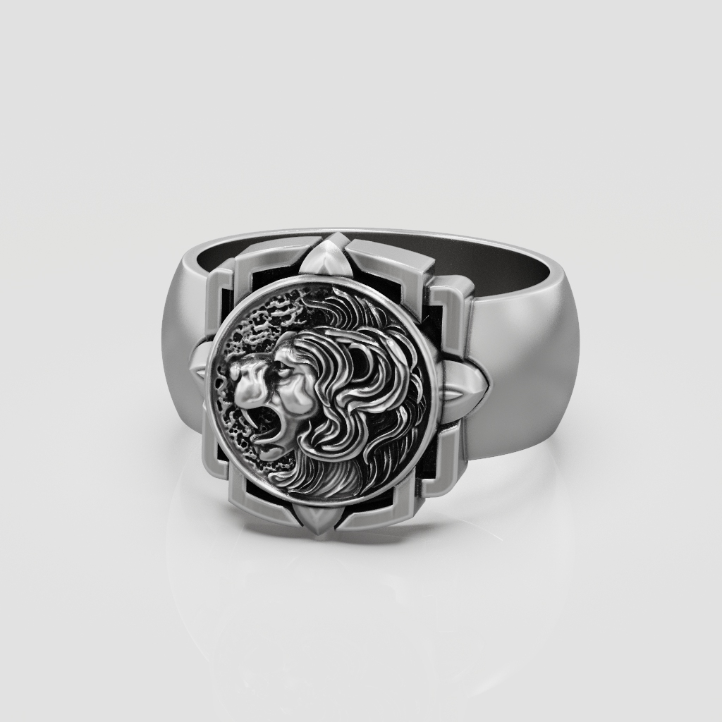 Lion Head Medallion Signet Ring with Geometric Frame — view 8
