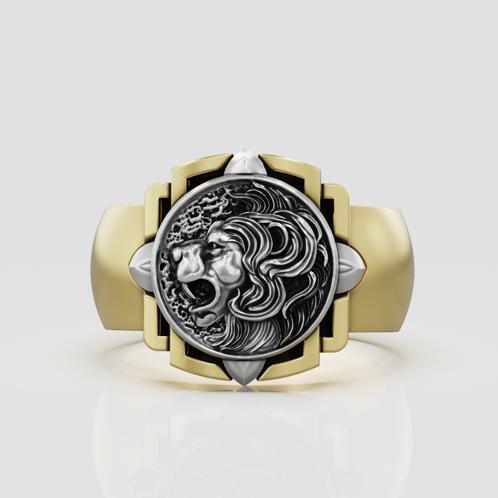 Lion Head Medallion Signet Ring with Geometric Frame — view 6