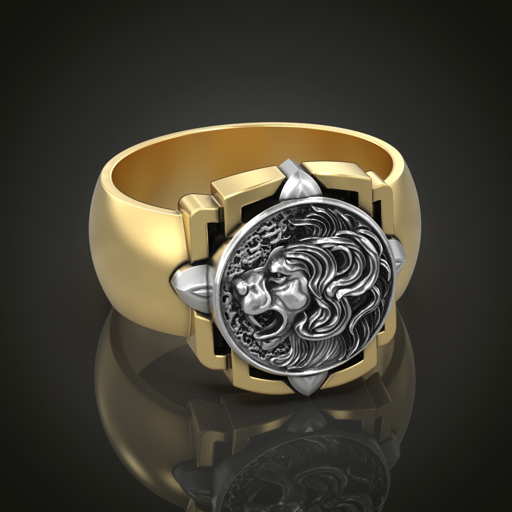 Lion Head Medallion Signet Ring with Geometric Frame — view 2