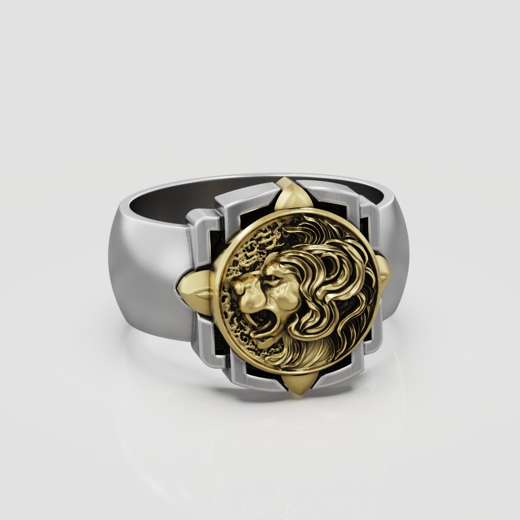 Lion Head Medallion Signet Ring with Geometric Frame — view 7