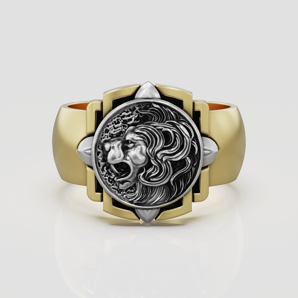 Lion Head Medallion Signet Ring with Geometric Frame — view 4