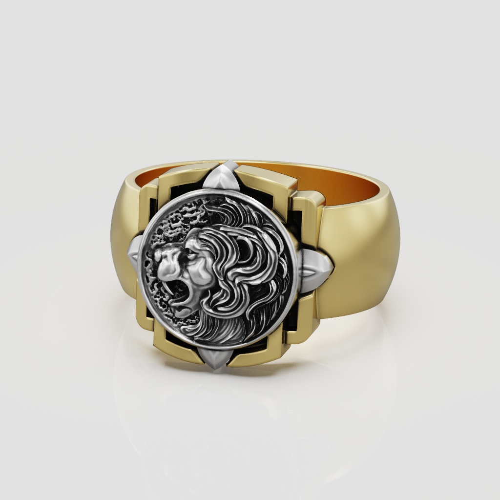 Lion Head Medallion Signet Ring with Geometric Frame — view 5