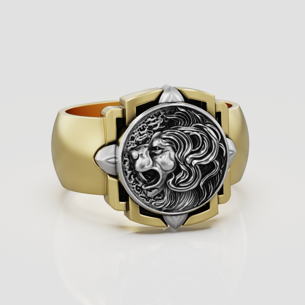 Lion Head Medallion Signet Ring with Geometric Frame — view 3