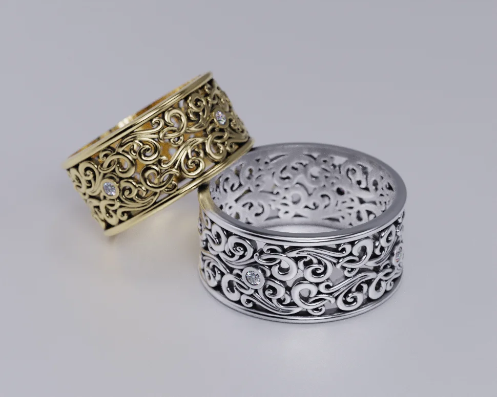 Wide Filigree Scroll Band Ring with Gems — view 2