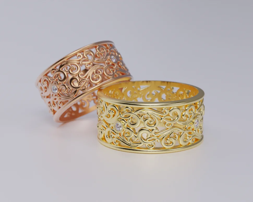 Wide Filigree Scroll Band Ring with Gems — view 1