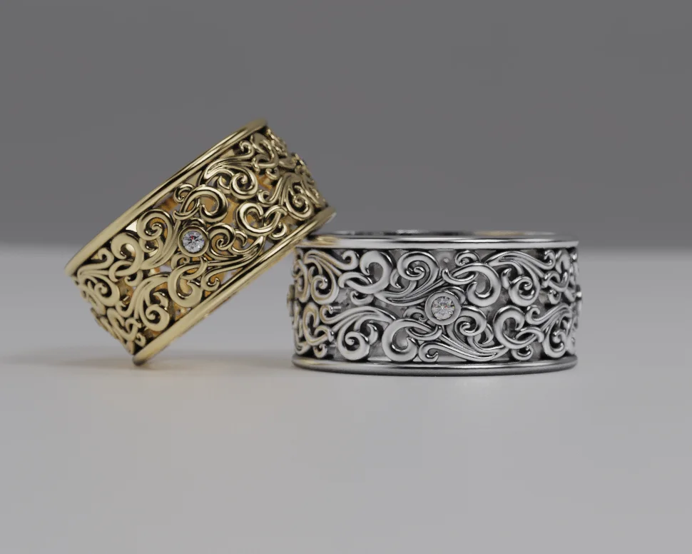 Wide Filigree Scroll Band Ring with Gems — view 3