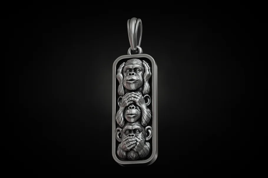 Three Wise Monkeys Rectangular Plaque Pendant — view 2
