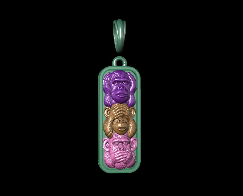 Three Wise Monkeys Rectangular Plaque Pendant — view 5