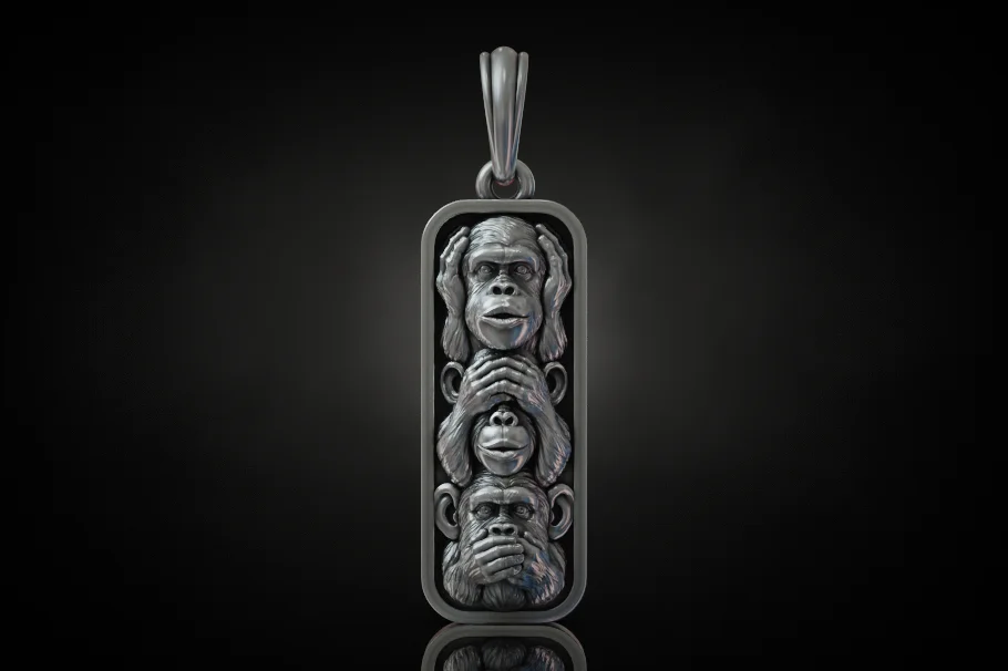 Three Wise Monkeys Rectangular Plaque Pendant
