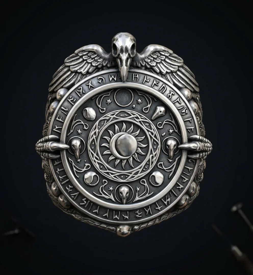 Viking Raven Skull Runic Calendar Signet Ring
