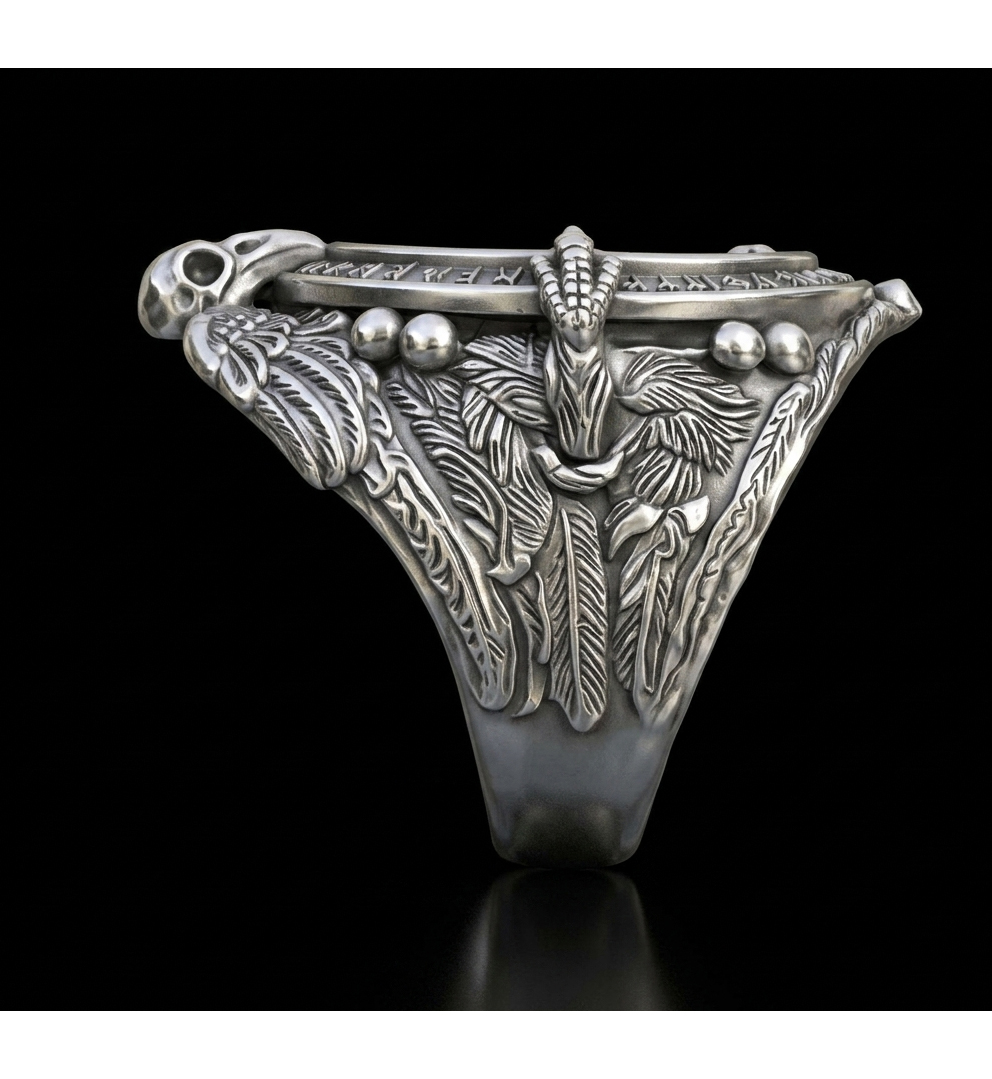 Viking Raven Skull Runic Calendar Signet Ring — view 3