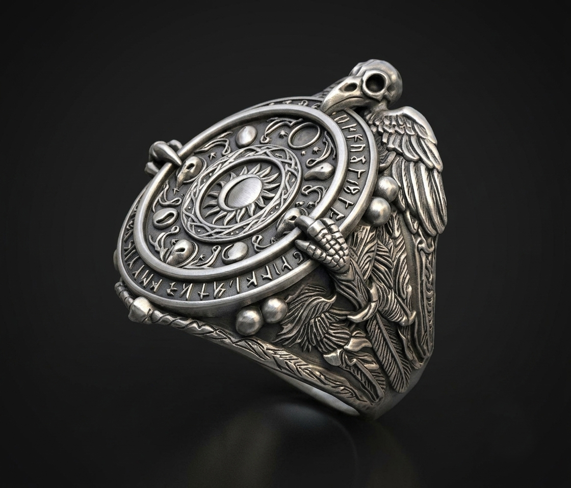 Viking Raven Skull Runic Calendar Signet Ring — view 2