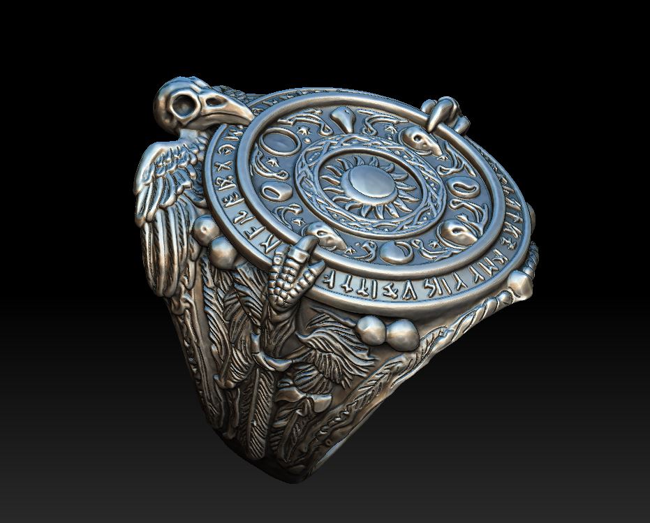 Viking Raven Skull Runic Calendar Signet Ring — view 6