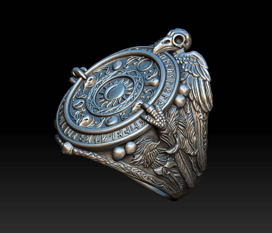 Viking Raven Skull Runic Calendar Signet Ring — view 5