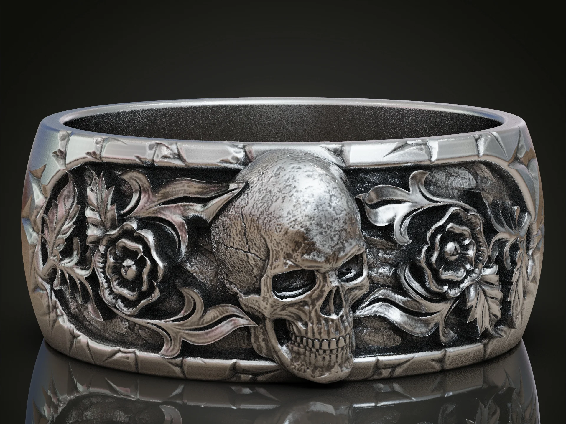 Gothic Skull and Rose Relief Band Ring