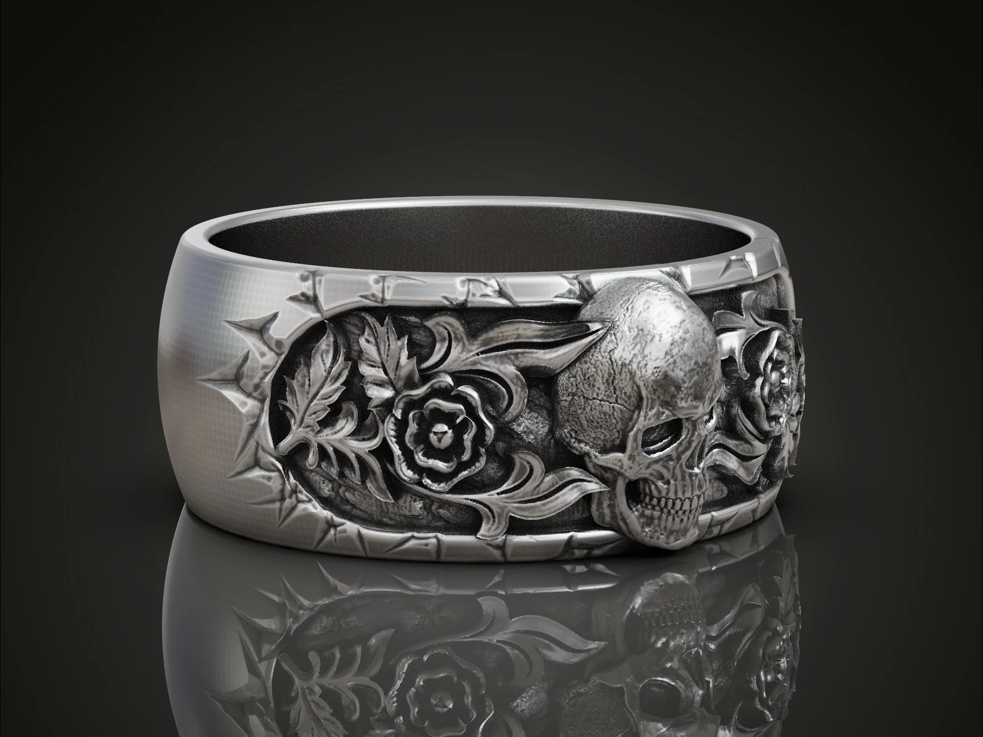 Gothic Skull and Rose Relief Band Ring — view 3