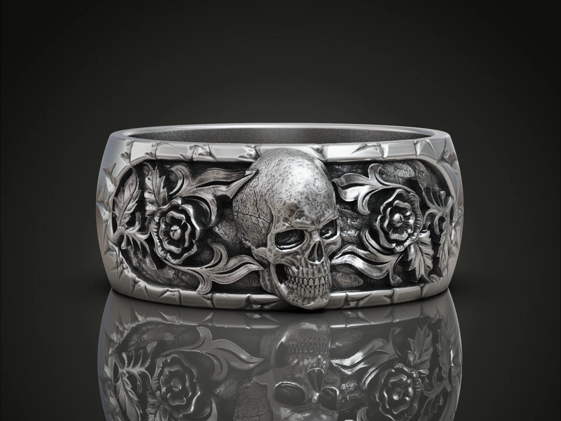 Gothic Skull and Rose Relief Band Ring — view 2