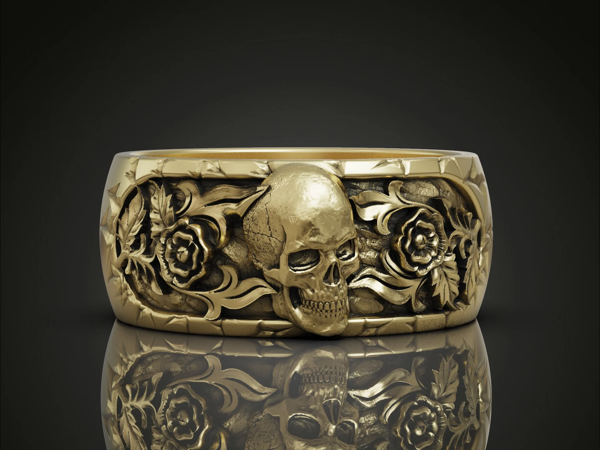 Gothic Skull and Rose Relief Band Ring — view 4