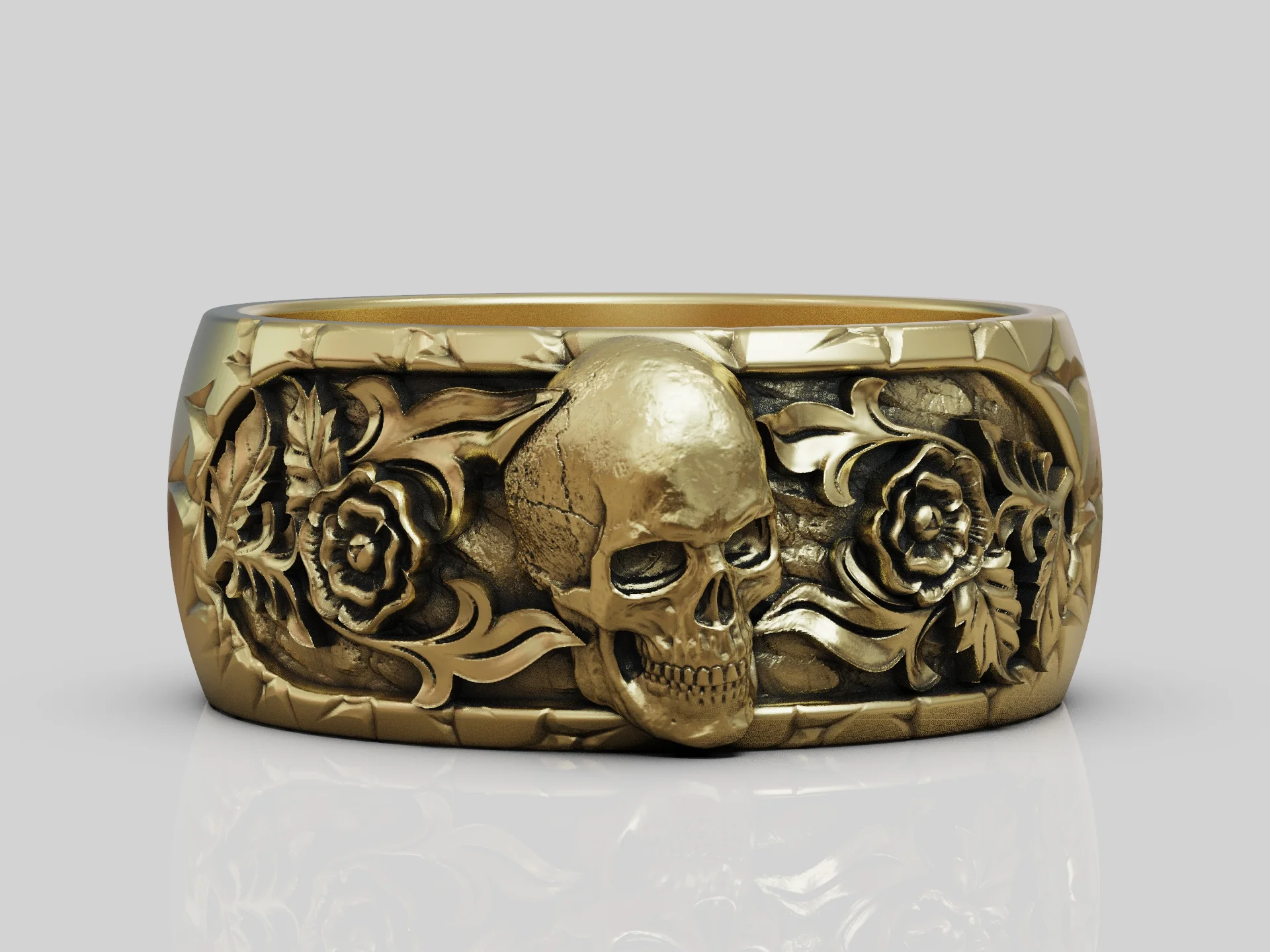 Gothic Skull and Rose Relief Band Ring — view 5