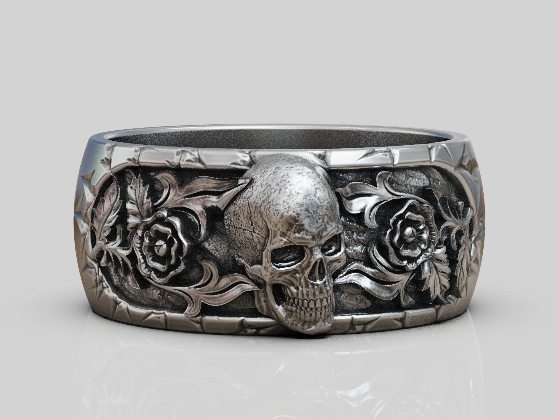 Gothic Skull and Rose Relief Band Ring — view 6