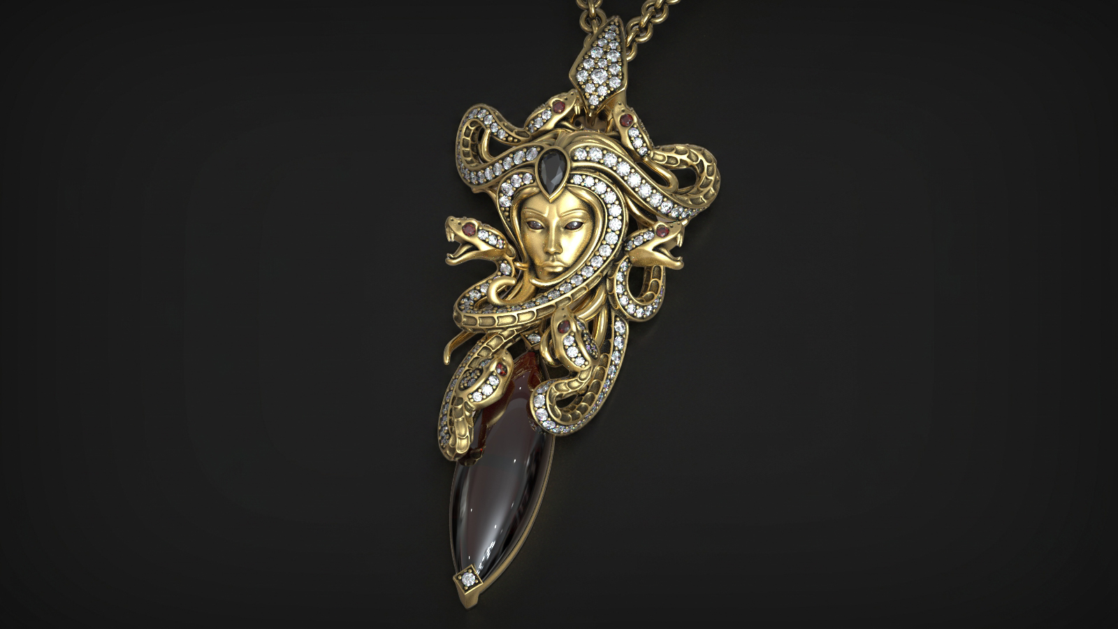 Medusa Gorgon with Snakes and Gemstones Mythology Pendant