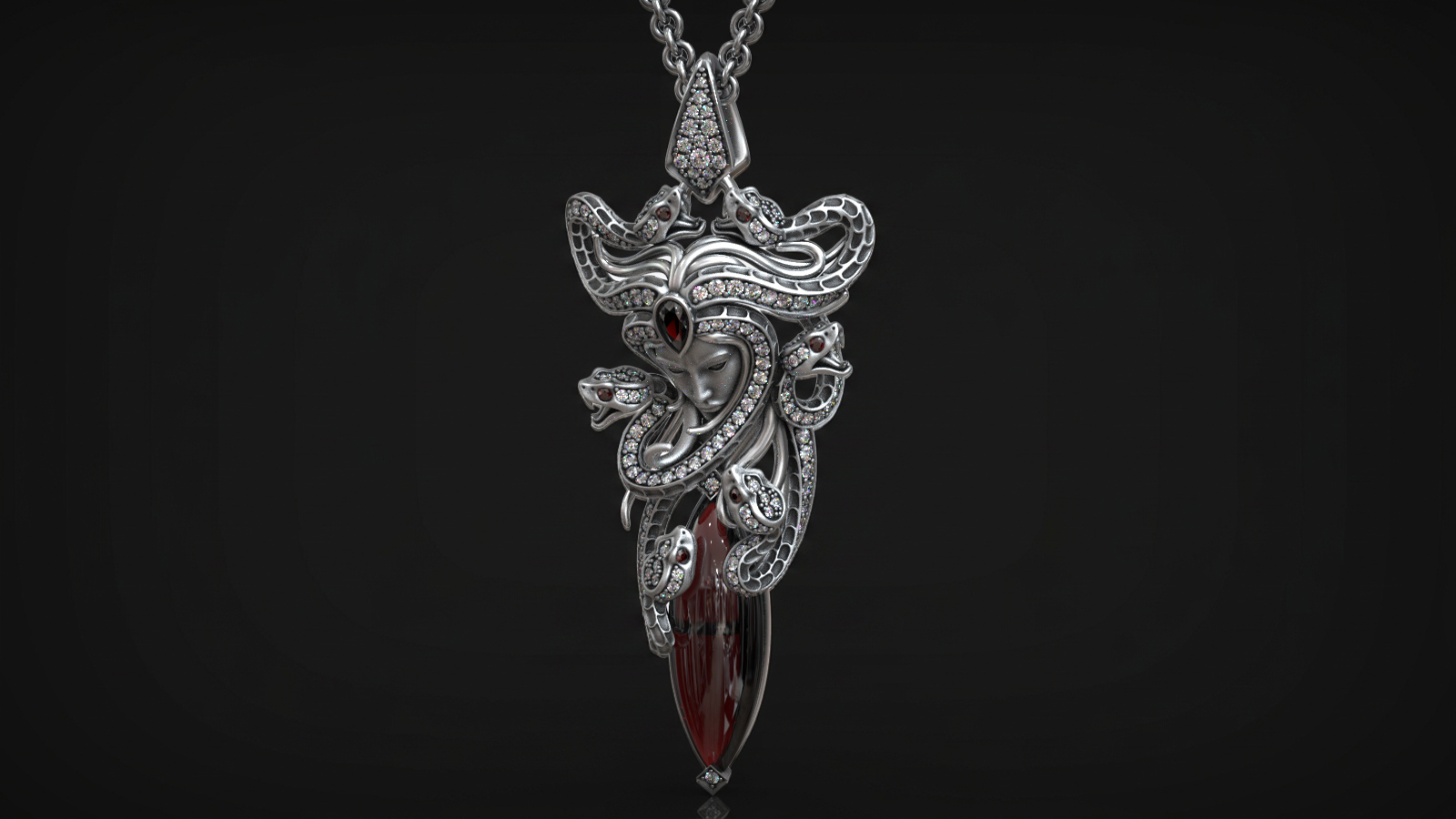 Medusa Gorgon with Snakes and Gemstones Mythology Pendant — view 2