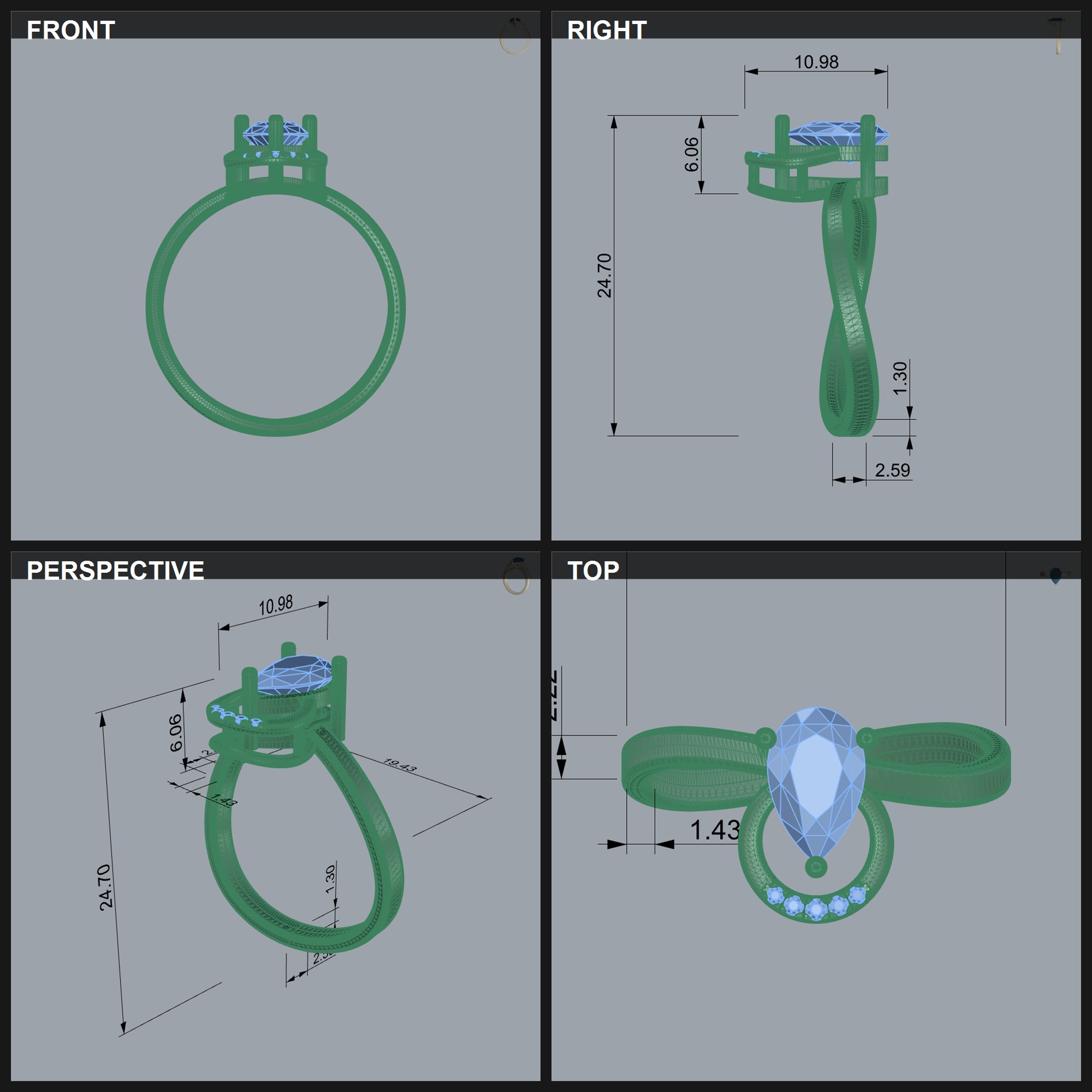 Split Shank Pear Diamond Ring with Beaded Edges — view 3
