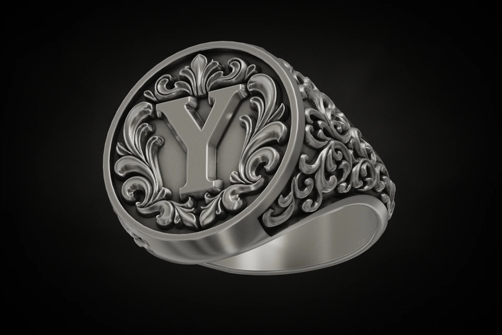Baroque Initial Y Signet Ring with Acanthus Scrollwork — view 2