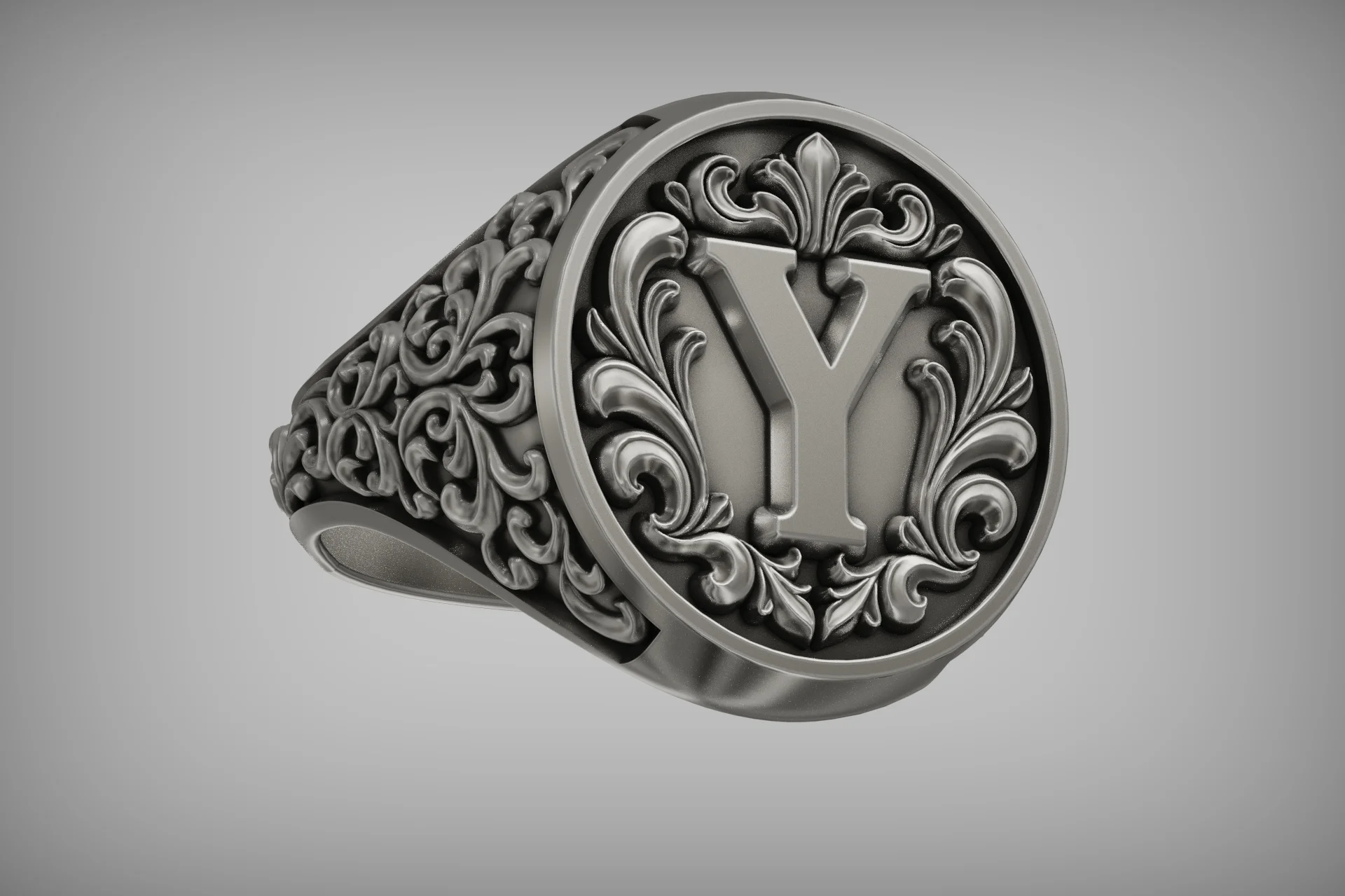 Baroque Initial Y Signet Ring with Acanthus Scrollwork — view 4