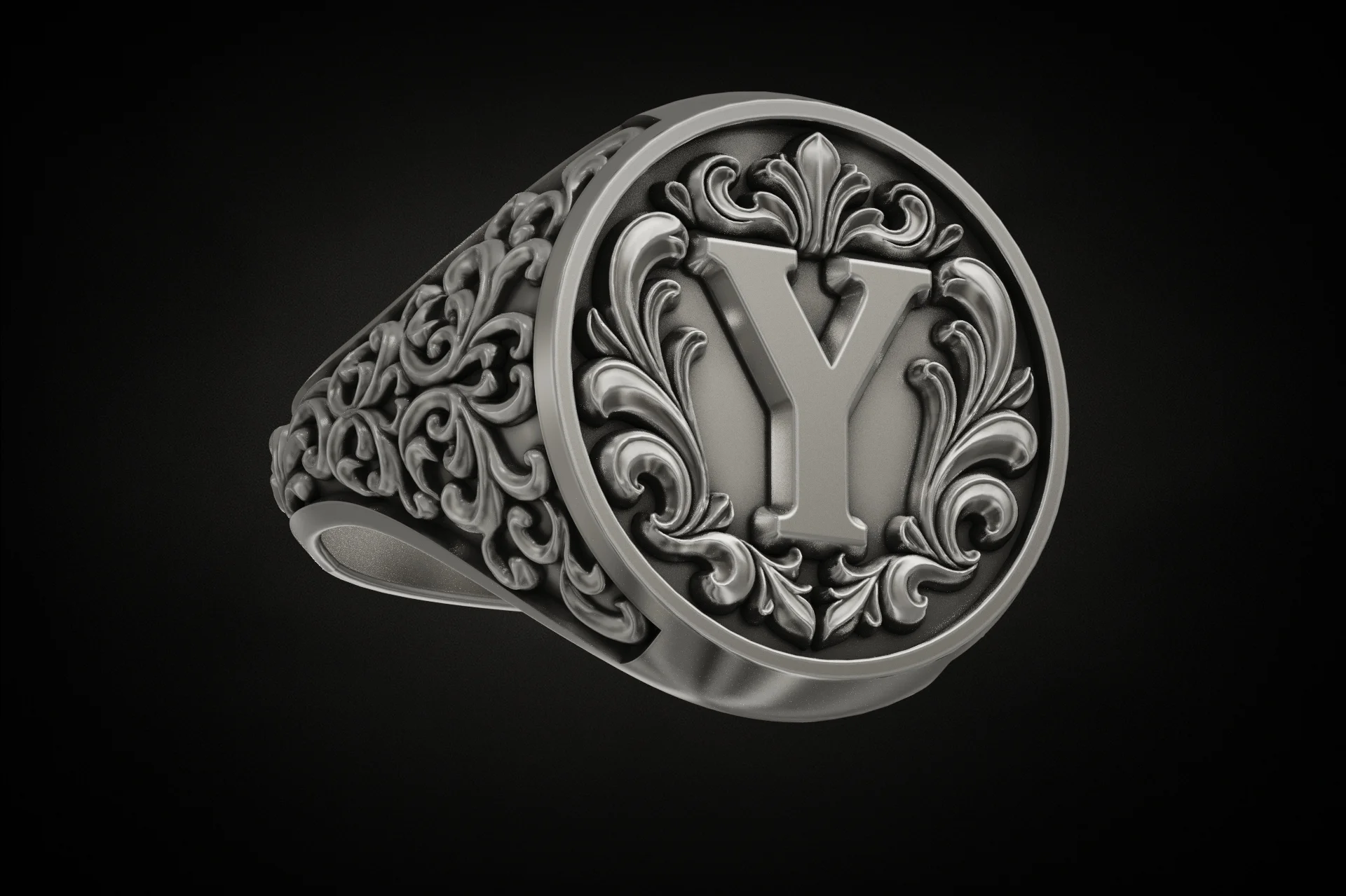 Baroque Initial Y Signet Ring with Acanthus Scrollwork