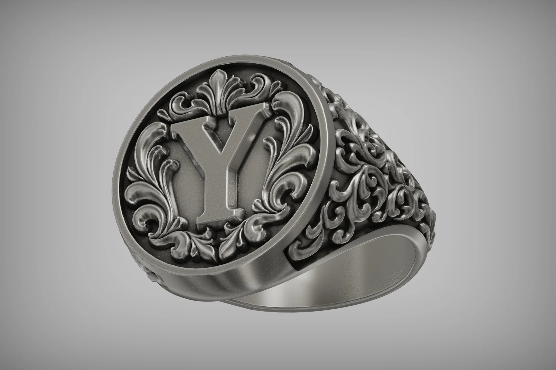Baroque Initial Y Signet Ring with Acanthus Scrollwork — view 5