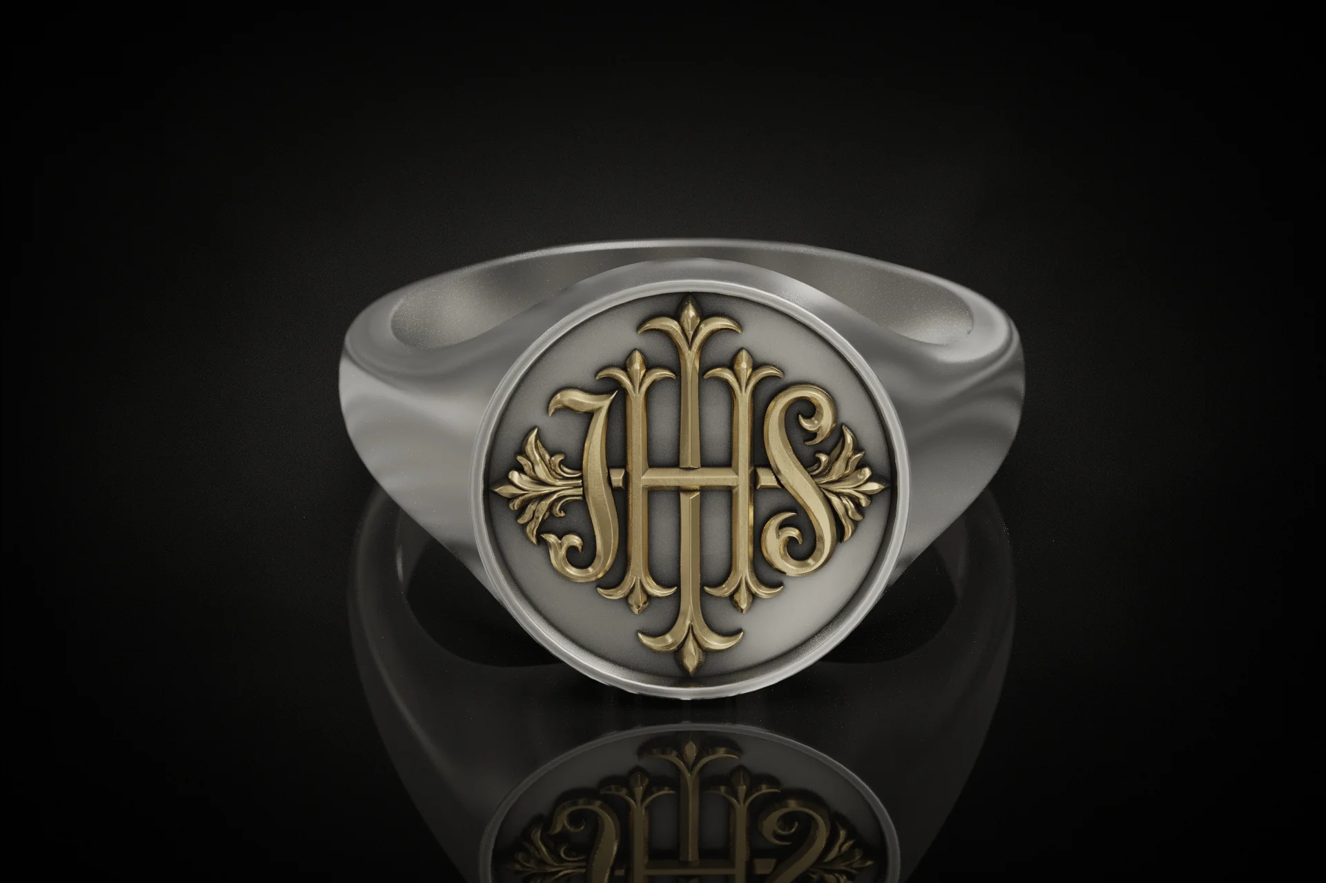 Ornate IHS Christogram Religious Signet Ring