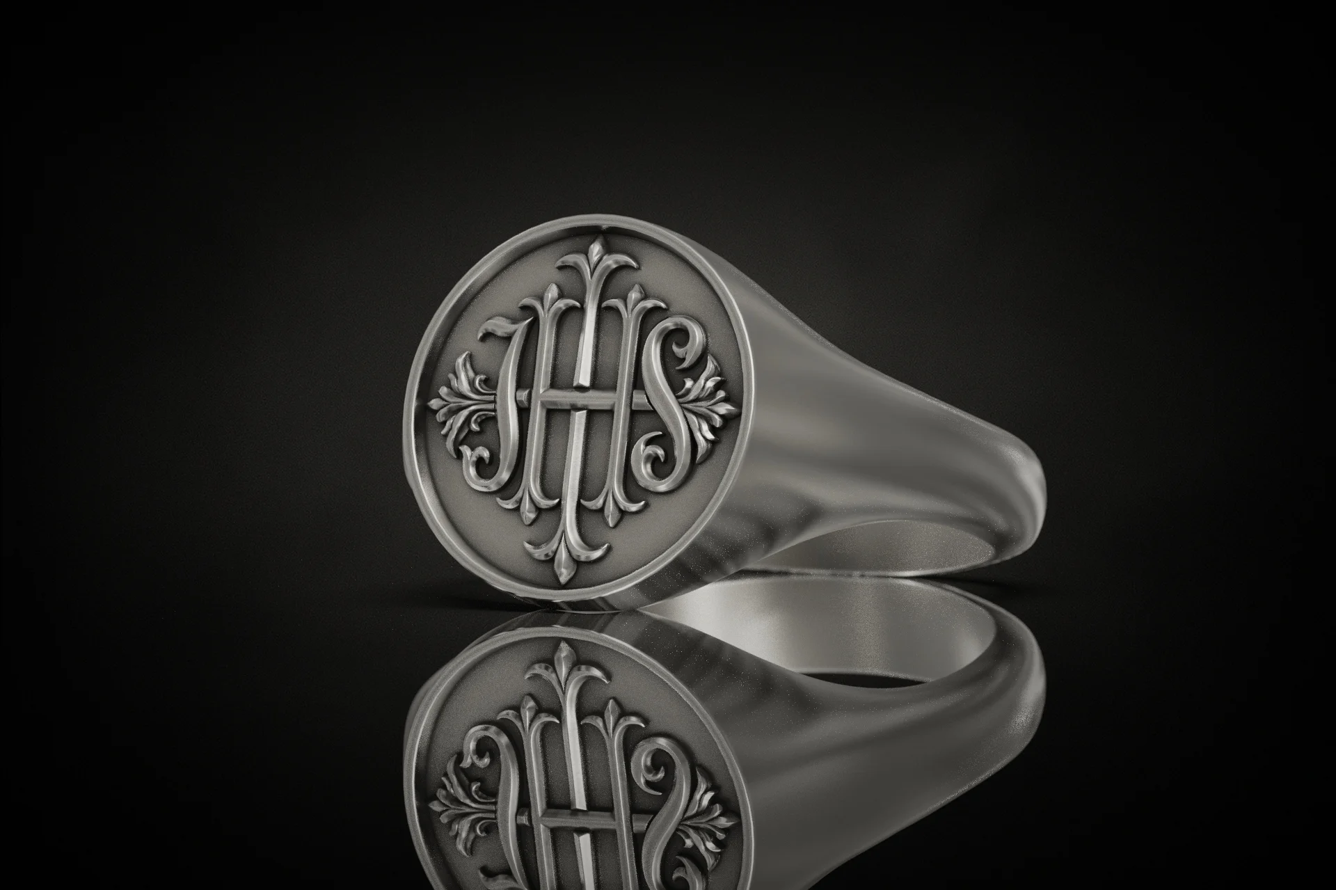 Ornate IHS Christogram Religious Signet Ring — view 3