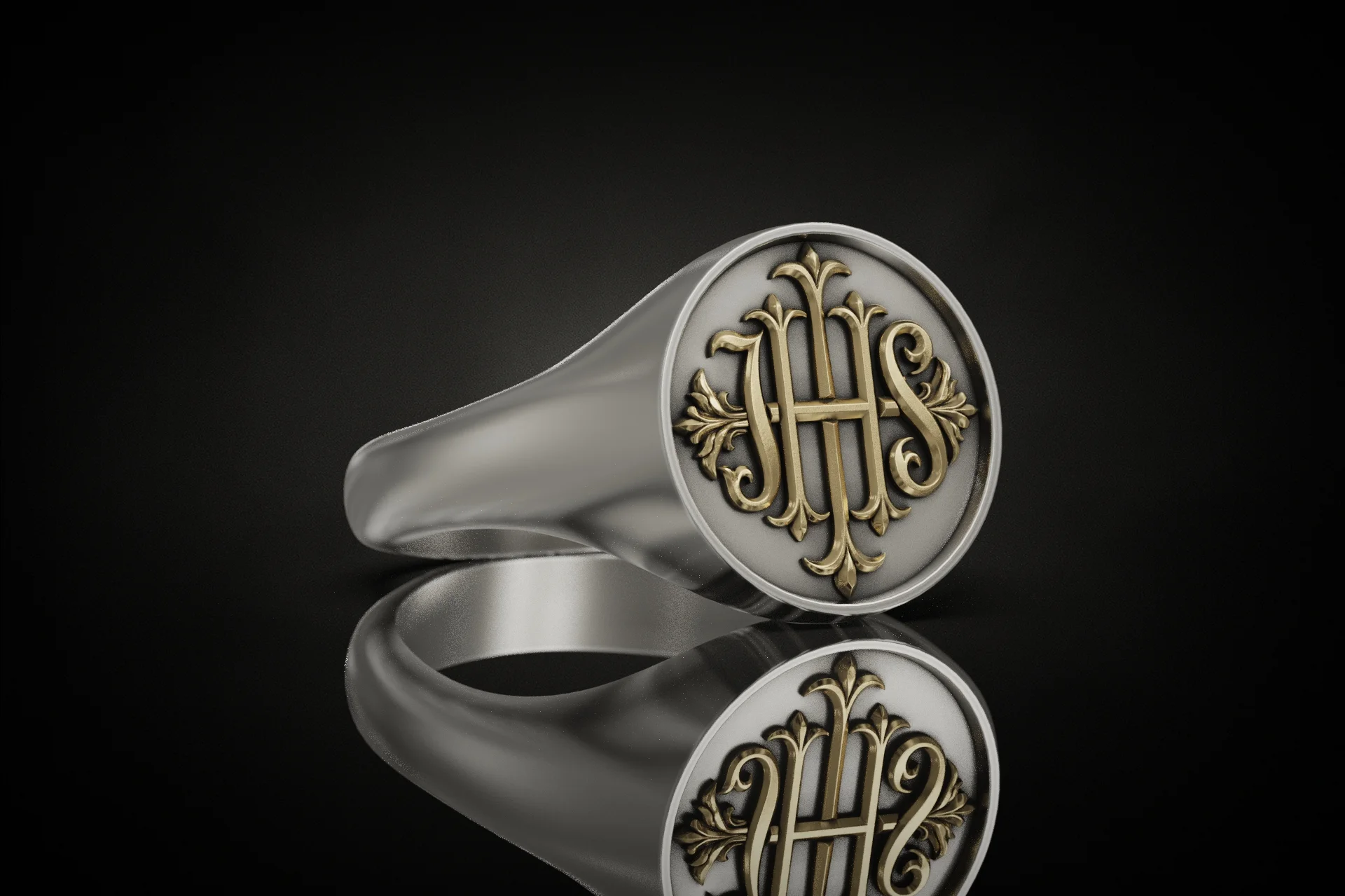 Ornate IHS Christogram Religious Signet Ring — view 4