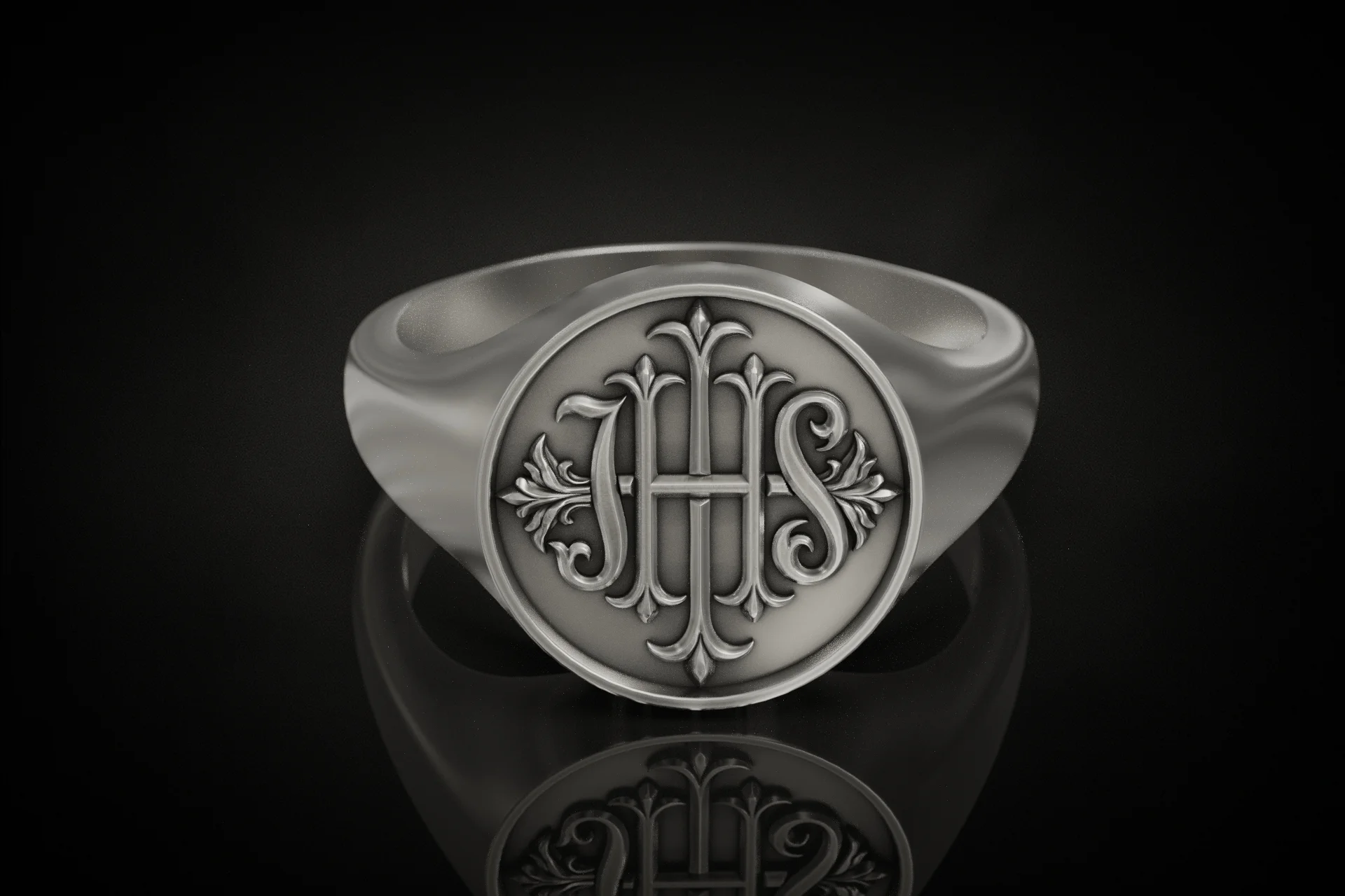 Ornate IHS Christogram Religious Signet Ring — view 2