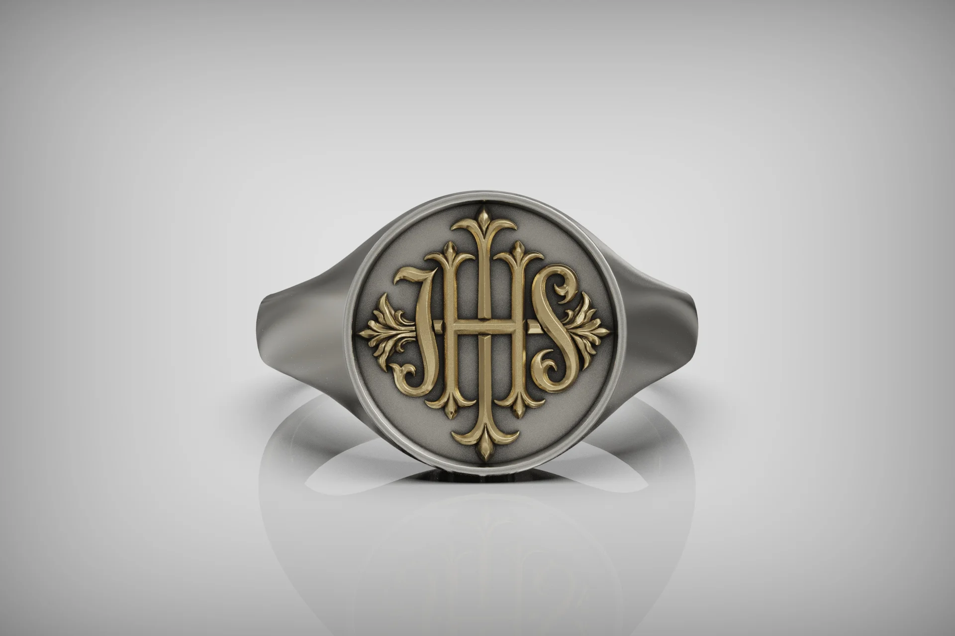 Ornate IHS Christogram Religious Signet Ring — view 6